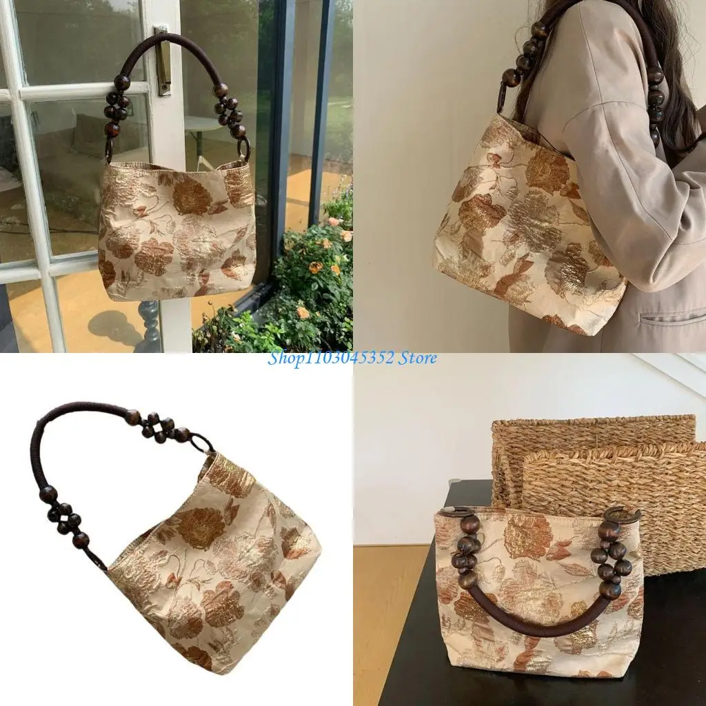 

Vintage Print Weaving Flower Bucket Shoulder Bag for Women Underarm Bag Handbag Purse with Beads Chain Top Handle