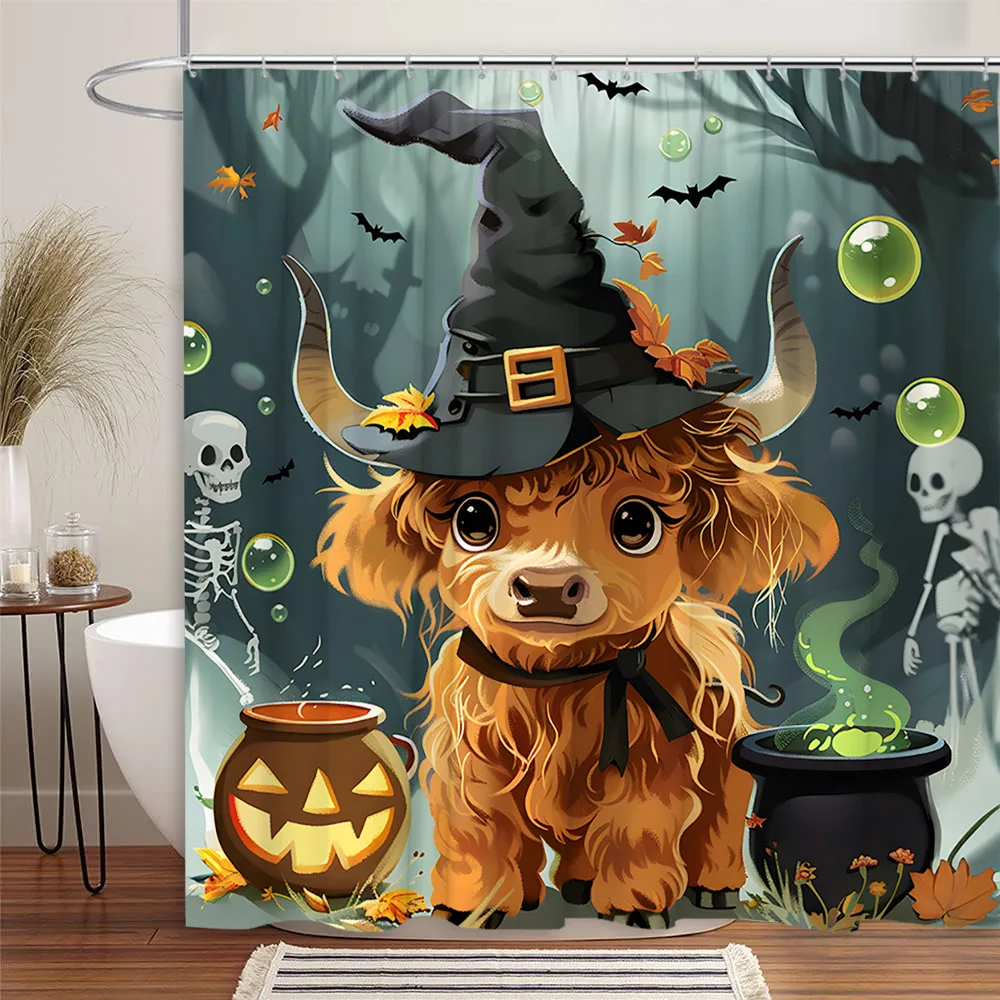 Funny Halloween Animal Shower Curtain Highland Cow Pet Cat Dog Farm Pumpkin Skull Bat Polyester Fabric Bathroom Decor Curtains