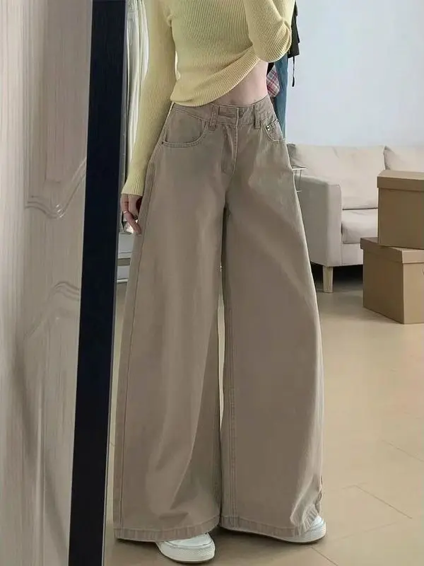 

American Style Khaki Wide Leg Jeans Women High Waist Loose Straight Cut Long Pants Commute Casual Slimming Versatile Trousers
