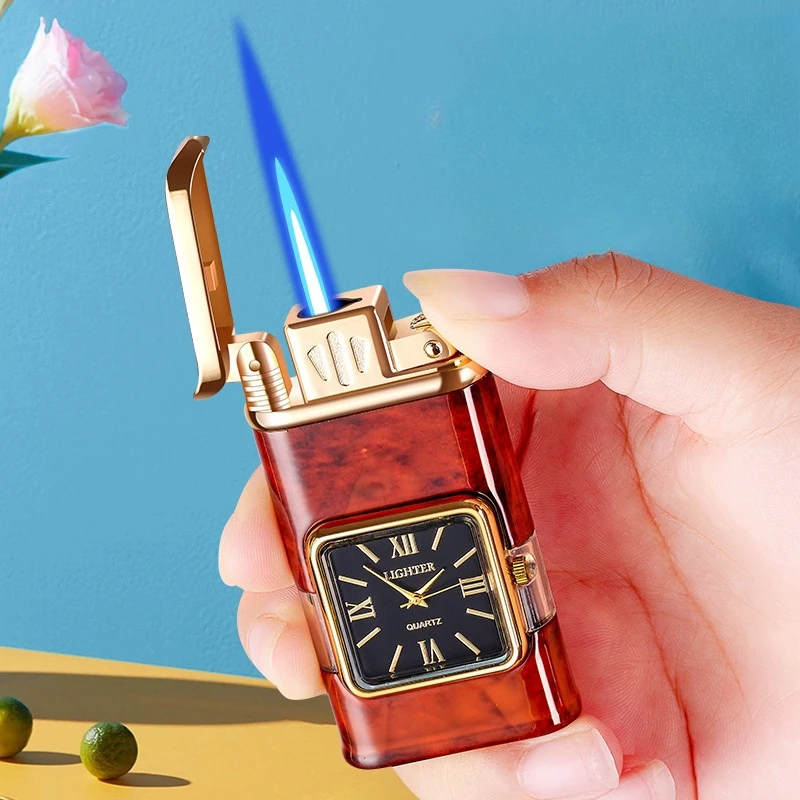 New Creative True Watch Windproof Jet Blue Fire Cigar Lighter Visible Gas Window Press One Button to Ignite Butane Gas Lighters