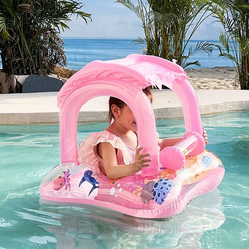 Kids Swimming Floaties with Sunshade Canopy Inflatable Water Fun Seat Swim Pool Beach Driving Floating Toys Water Play Equipment