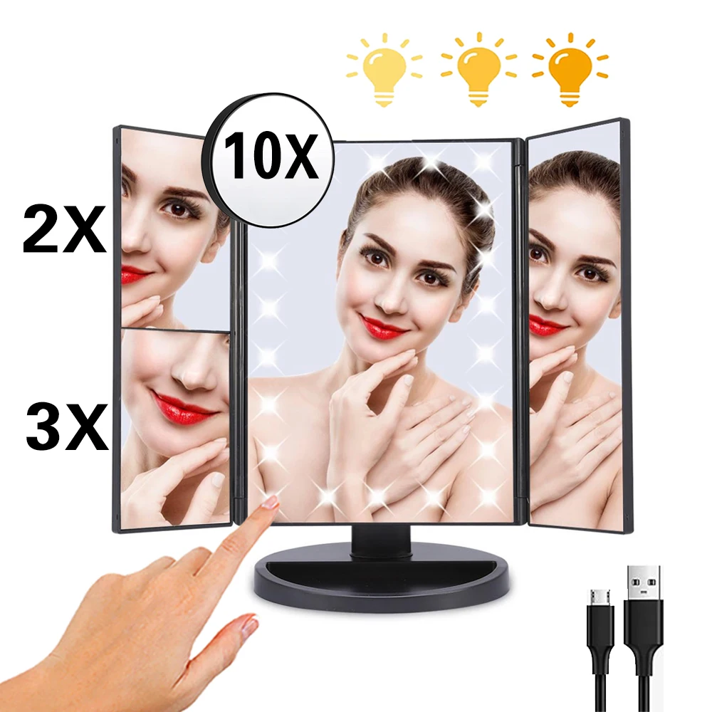 

Portable 3 Foldable Vanity Mirror With 22 Led Lights 1/2/3x Magnifying 180 Rotation Adjustable Touch Dimmer Table Makeup Mirrors