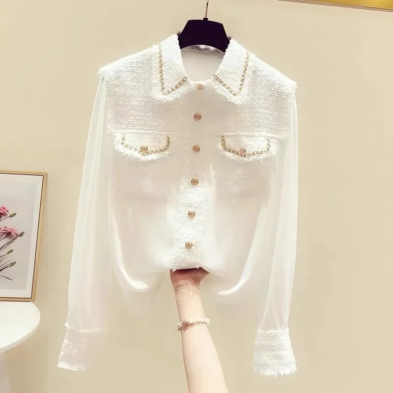 Women\'s Blouse 2024 Spring Summer New Tweed Patchwork Laple Long Sleeve Shirts Elegant Fashion Slim Tops Office Lady