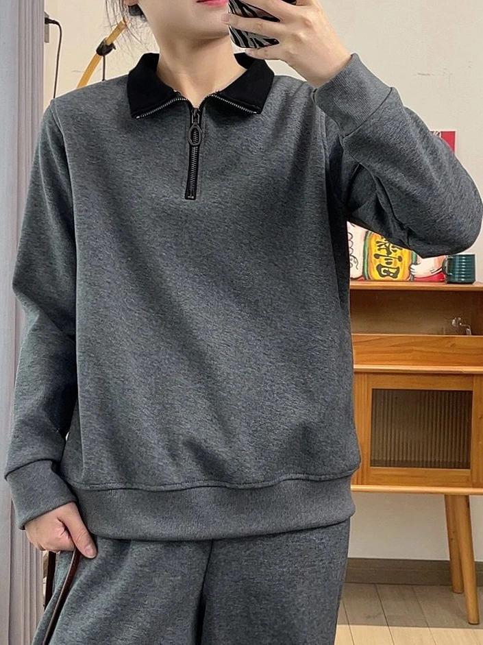 Gray Zippered Pure Cotton Hoodie Women's Thickened Fleece  Collar Loose Versatile Slimming Top Commute Style Long Sleeve