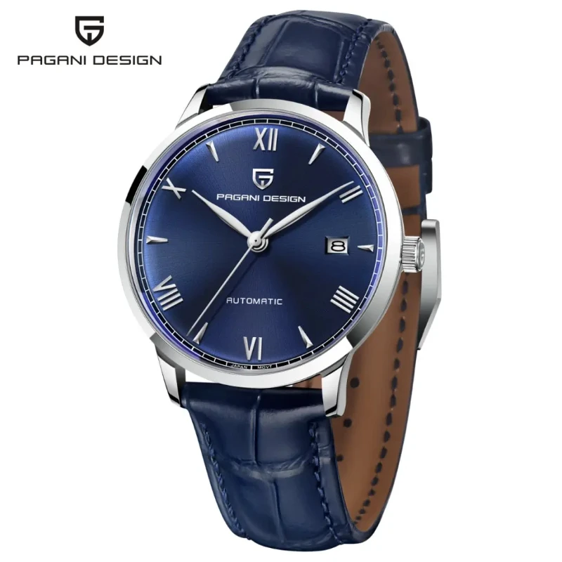 PAGANI DESIGN-1759  Roman Numeral Black Dial, Date Display, Crocodile Leather Strap Business Dress Wristwatch