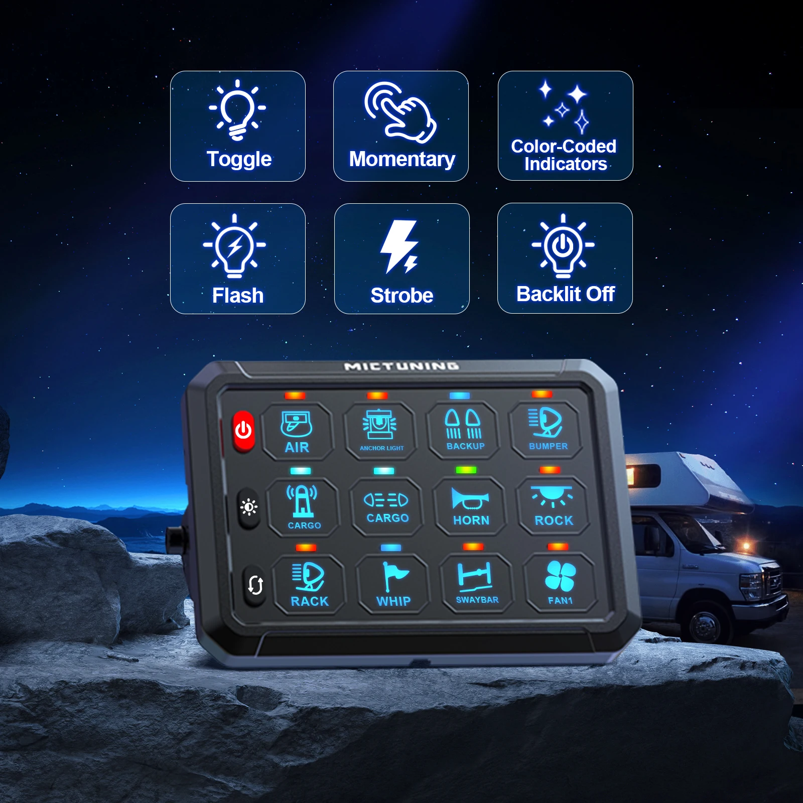 

MICTUNING 8/12 Gang Switch Panel P1B Blue Toggle Touch On-Off Circuit Control Relay Box LED Indicator for Car Truck ATV