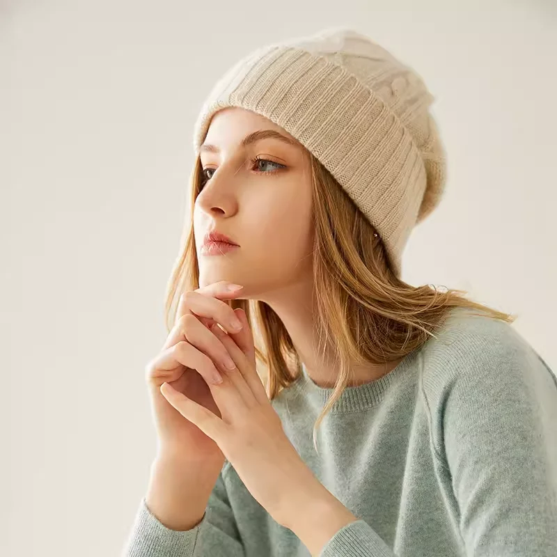 100%Cashmere Knitted Hat for Women Winter Autumn Soft Warm Rhomb Pattern Beanie Cap Solid Color Elastic Fashion Skullies Girl