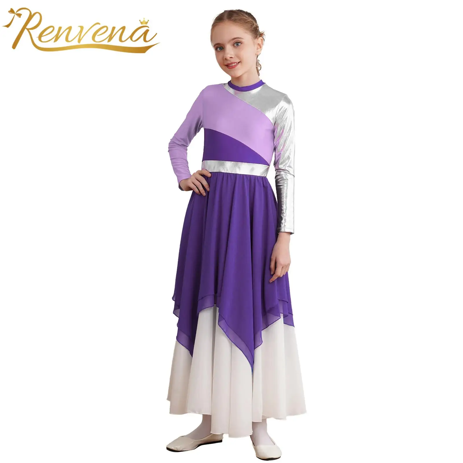 

Kids Girls Praise Dance Dress Long Sleeve Chiffon Dress for Dancing Competition Lyrical Dancing Teens Performance Costumes