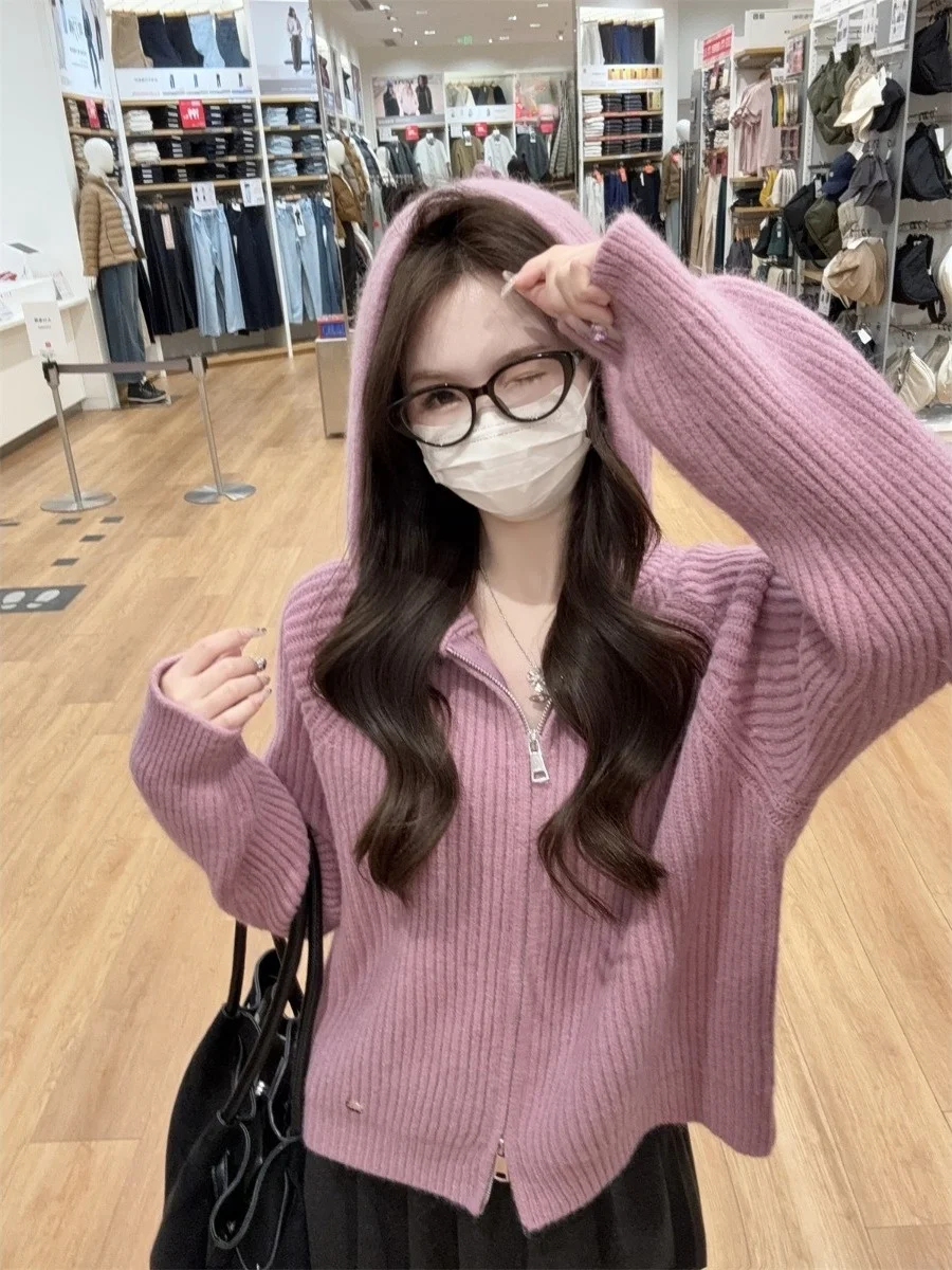 

Korean Style Soft Knitted Hooded Sweater Double Zipper Open Cardigan Women's Spring Loose Slimming Top Commute Fashion