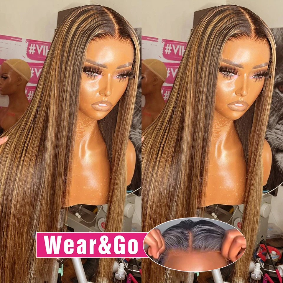 Highlight Glueless Wig Human Hair Ready To Wear And Go Preplucked Brazilian Straight HD Lace Colored Human Hair Wigs For Women