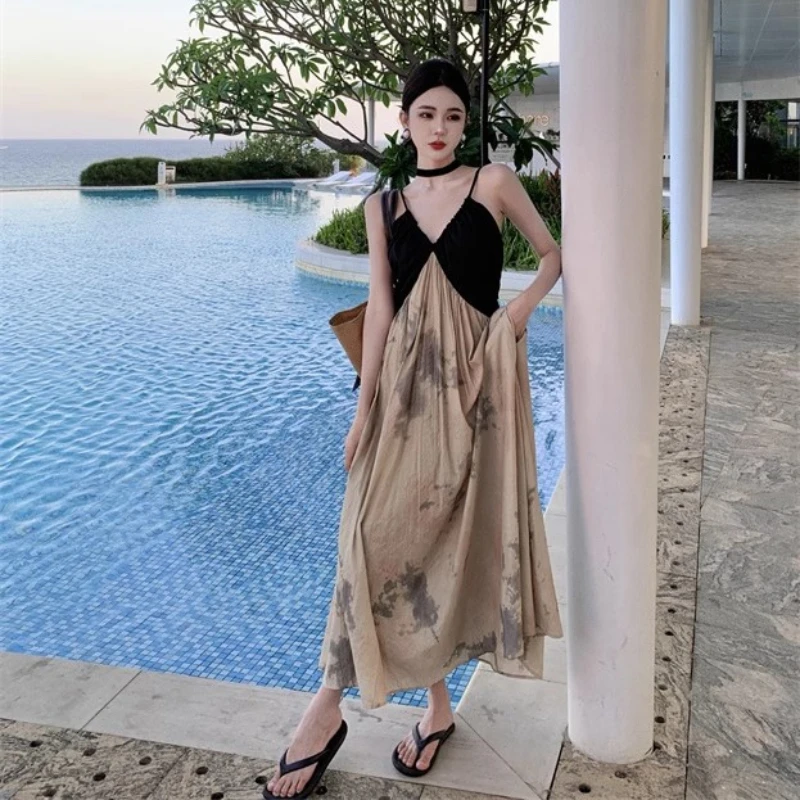 Retro Inktprint Strandjurk Dames Chinese Stijl Vakantie Patchwork Sexy V-hals Zomer Casual Jarreteljurken met Zak