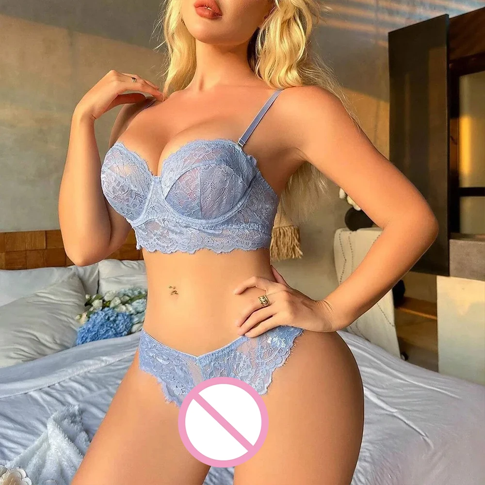 Ensemble soutien-gorge et culotte Sexy en dentelle bleue, Lingerie froncée Ultra fine, sous-vêtements à bandoulière de Style français pour femmes, confortable pour la maison