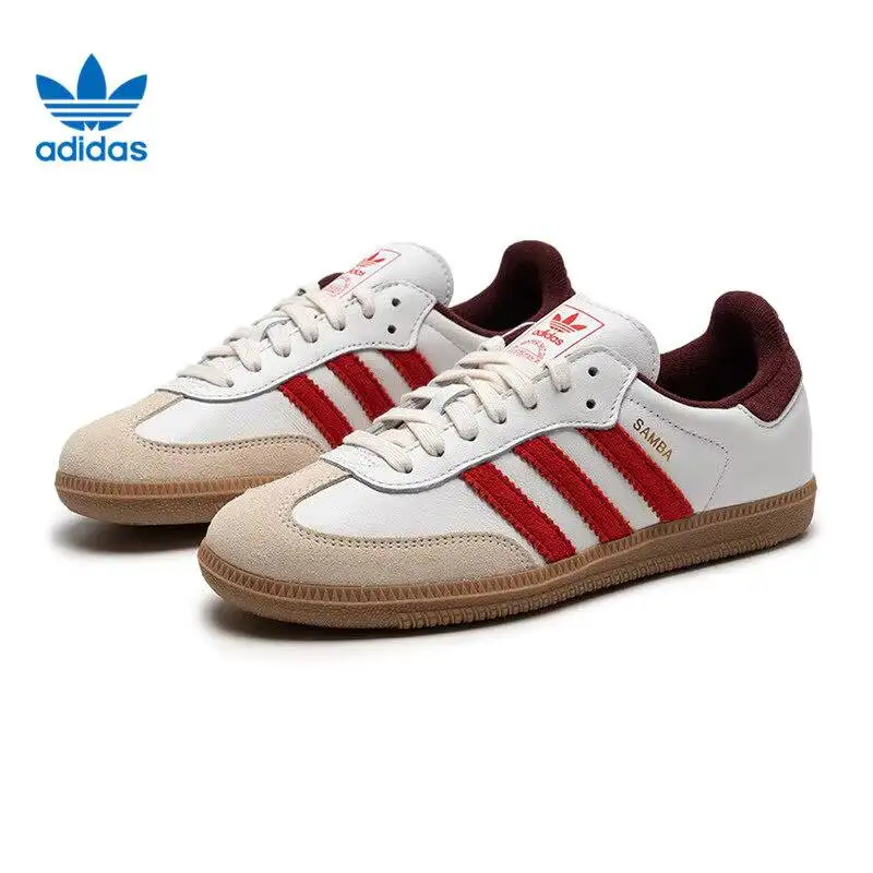 Adidas JI3201 Retro DailyTrainers White Red Burgundy Color Matching Genuine Leather Non Slip Gum Outsole Street Walking Sneakers