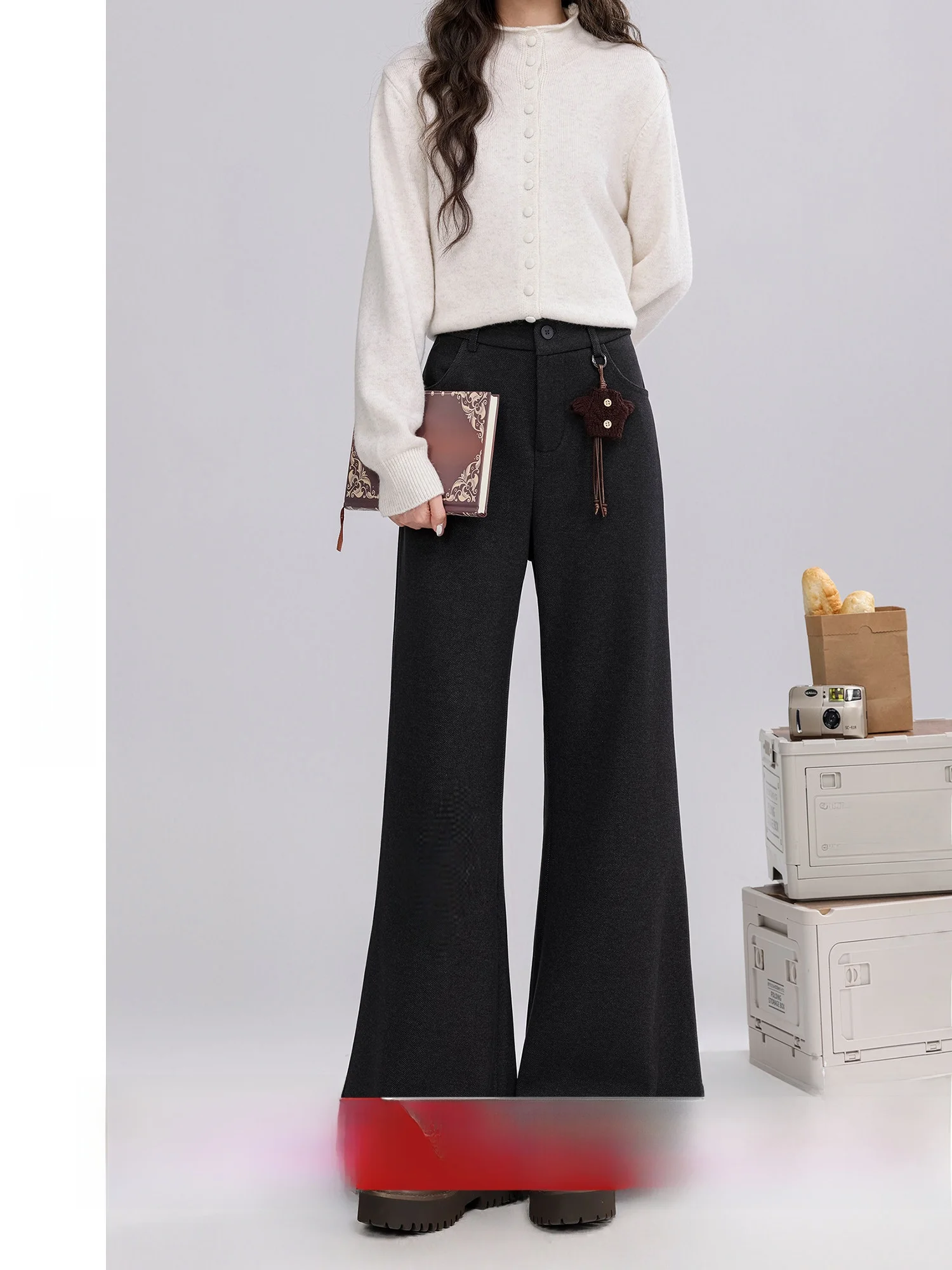 

Slimming Effect Fleece Lined Flared Casual Pants for Women High Waist Zipper Closure Loose Fit Polyester Blend Winter New Arr...