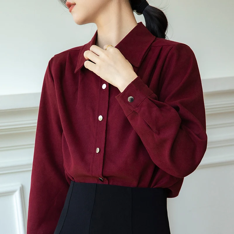 Women Elegant Blouse Casual Solid Solor Tops Long Sleeve Loose Fit Shirt With Button Business Warm Clothes Blusas Winter