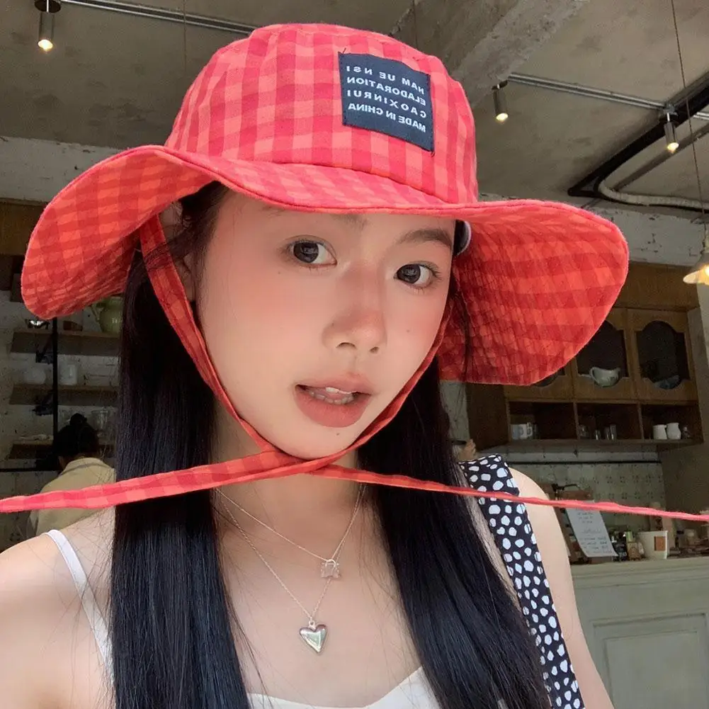 

Ins Popular Niche Retro Plaid Strap Bucket Hat Spring Summer Travel Versatile Fashion Wide Brim Sun Protection Women's Sun Caps