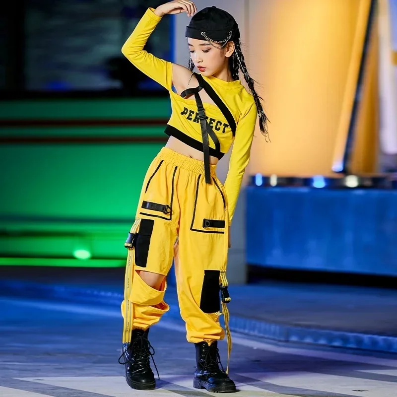 Girls Hip Hop Dance Costumes Children Yellow Outfits Jazz Street Dance Wear Ballroom Hiphop Rave Clothes Stage dance Costumes