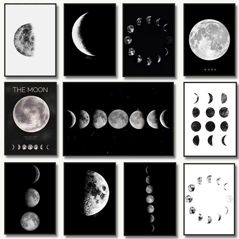 Carteles de fase lunar de arte blanco y negro, impresiones de lienzo estéticas, pintura, imagen de pared para sala de estar, Bar, cafetería, decoración del hogar