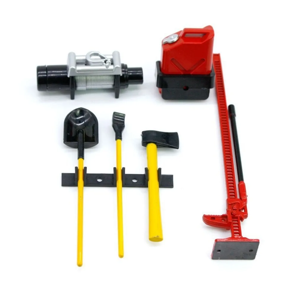 6pcs 1/10 Scale Garage Tools Set Simulated Mini Shovel Jerry Can Axe Toy Plastic Hi-Lift Jack Winch Kits for SCX10 TRX4 D90 CC01