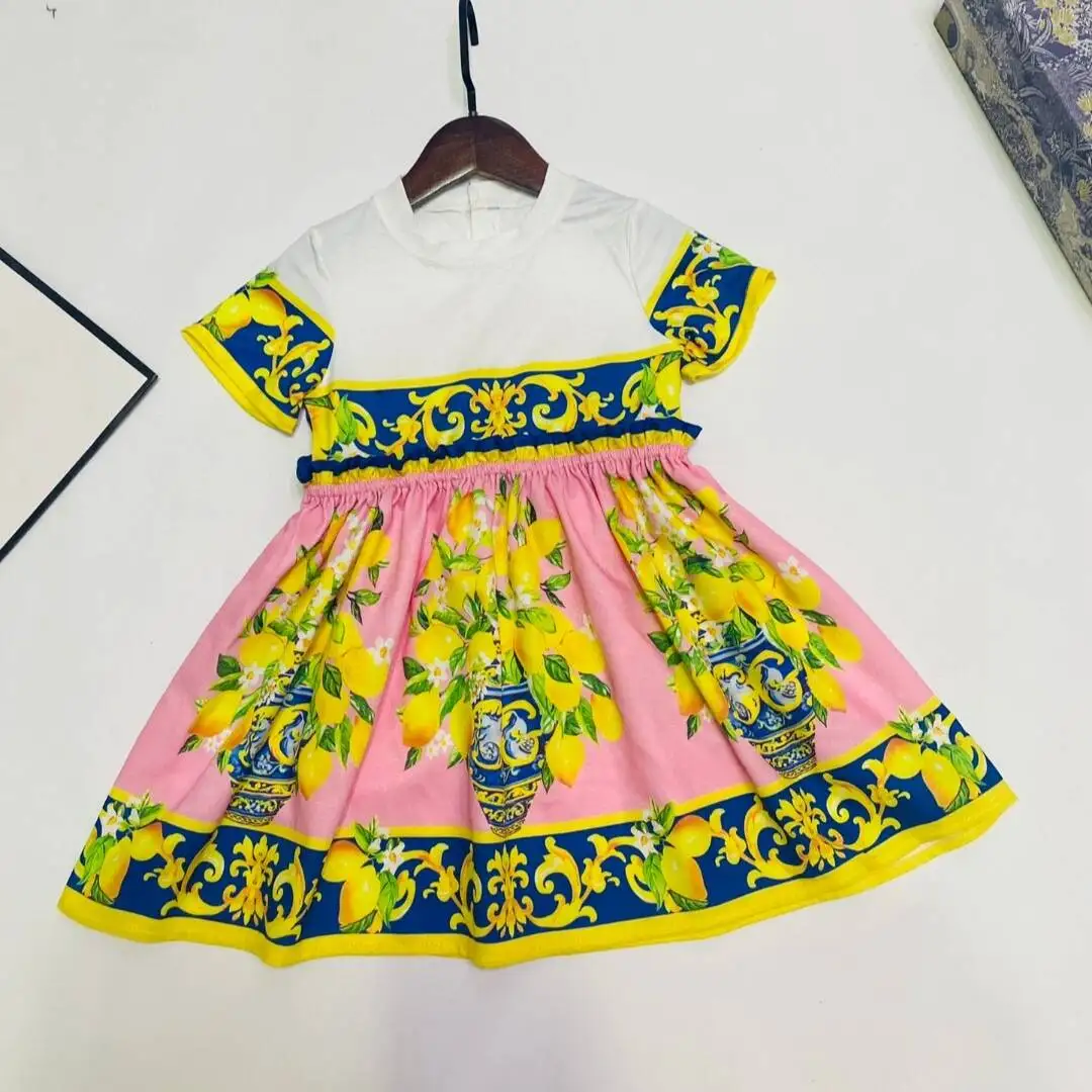 

2024 Summer New Children's dress Girls' Palace Printed Dress golden Baby clothes