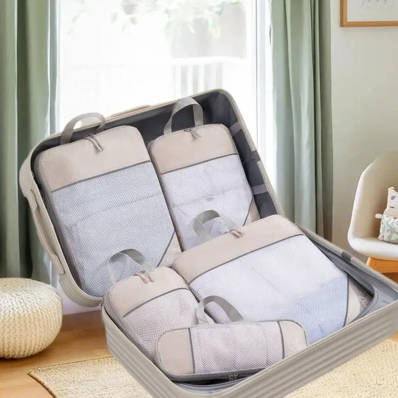 

6PCS Travel Compressed Packing Cubes Storage Organizer Set With Drawstring Bag Luggage Portable Lightweight Suitcase Bag