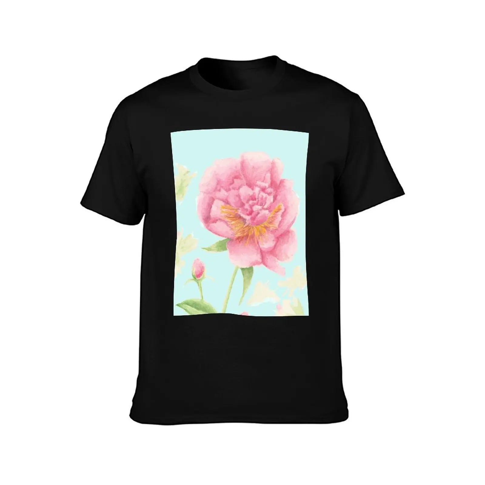 Peony Flower Watercolor Painting on Background T-Shirt Christmas Casual Short Sleeve Top T-Shirt