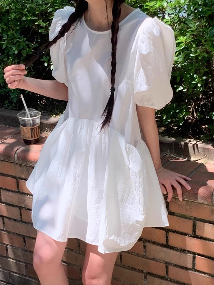 Chic Summer Soft Agel round Ne Large ket Loose Small Bubble Sve Doll Dr Women's Faion Commute High Waist or...