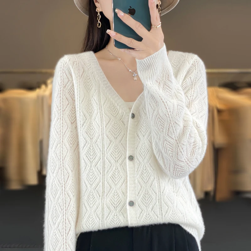 Women\'s V-Neck Spring and Autumn 100% Wool Cashmere Cardigan Women\'s Knit Sweater Super Soft Loose Large Size Long Sleeve Shirt