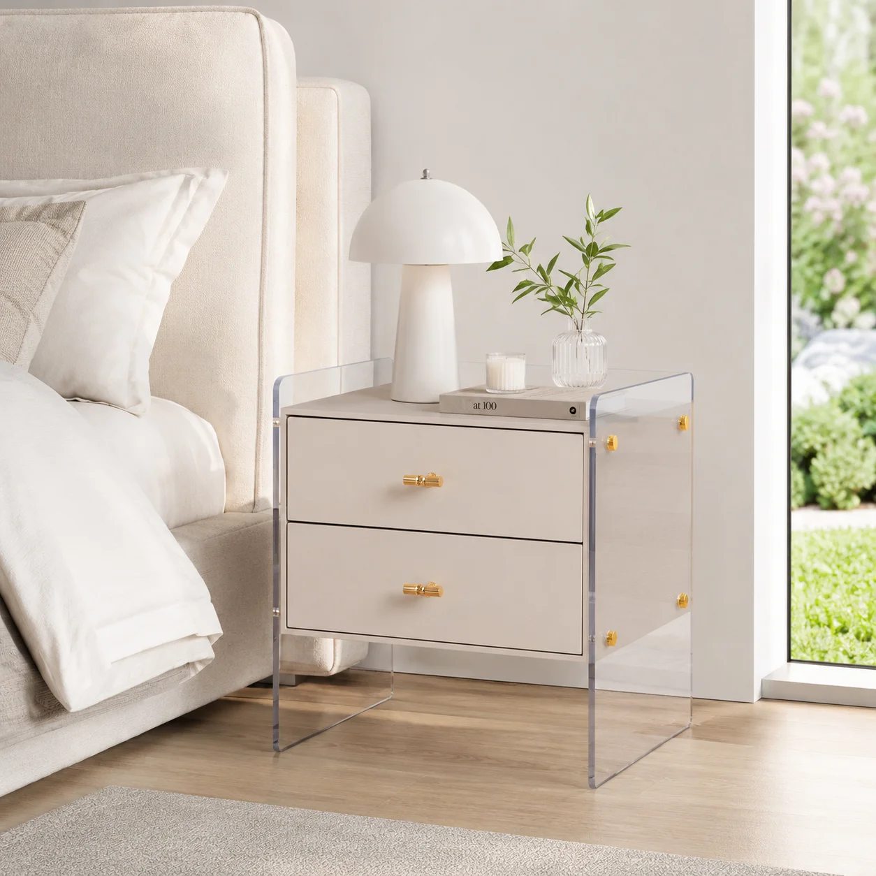 #Modern Ivory White E1 Board Stainless Steel Acrylic Frame Acrylic Detail Bedside Table Storage Hotel Furniture Supplier