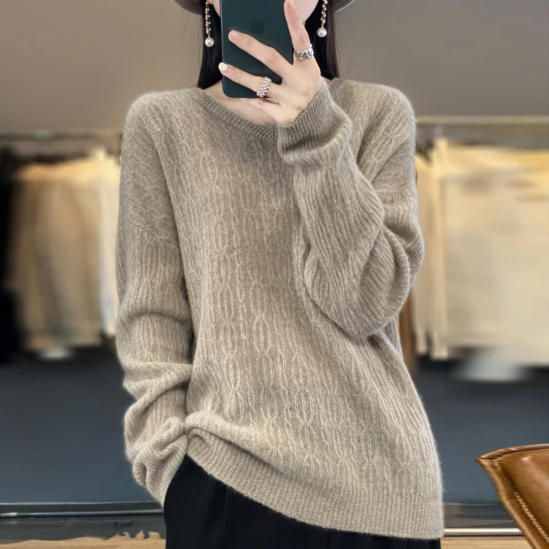 

Autumn and winter new ladies 100% pure wool V-neck solid color knitted long sleeve twist fashion loose top pullover