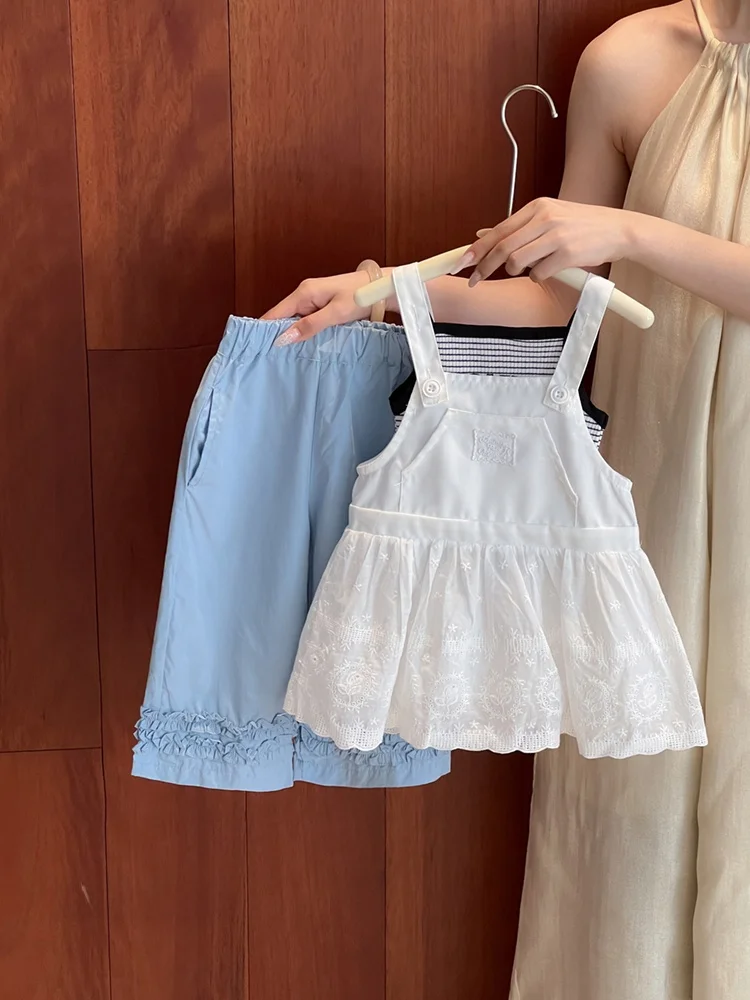 

Girls Summer Floral Lace Sleeveless Top Strap Wide Leg Pants Three Piece Set Breathable Cotton Stripe Pattern Casual Outfit