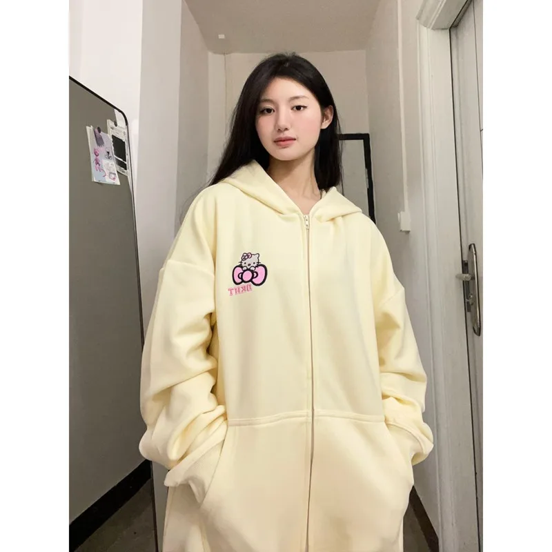 Cartoon Hello Kitty Loose Hoodie Sweatshirt Sanrio Kawaii KT Cat Girl Oversize Coat Women Long Sleeve Zipper Casual Clothes