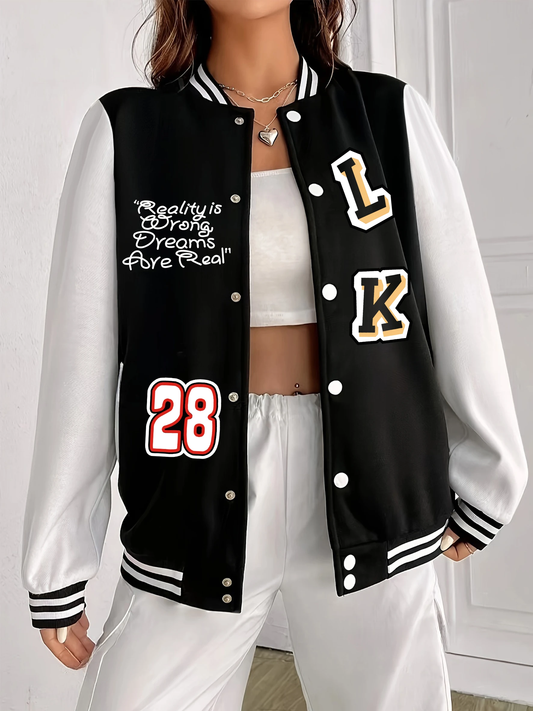 

Женская бейсбольная форма с принтом буквы L K, флисовая женская куртка на пуговицах, уличная одежда большого размера, осенняя одежда