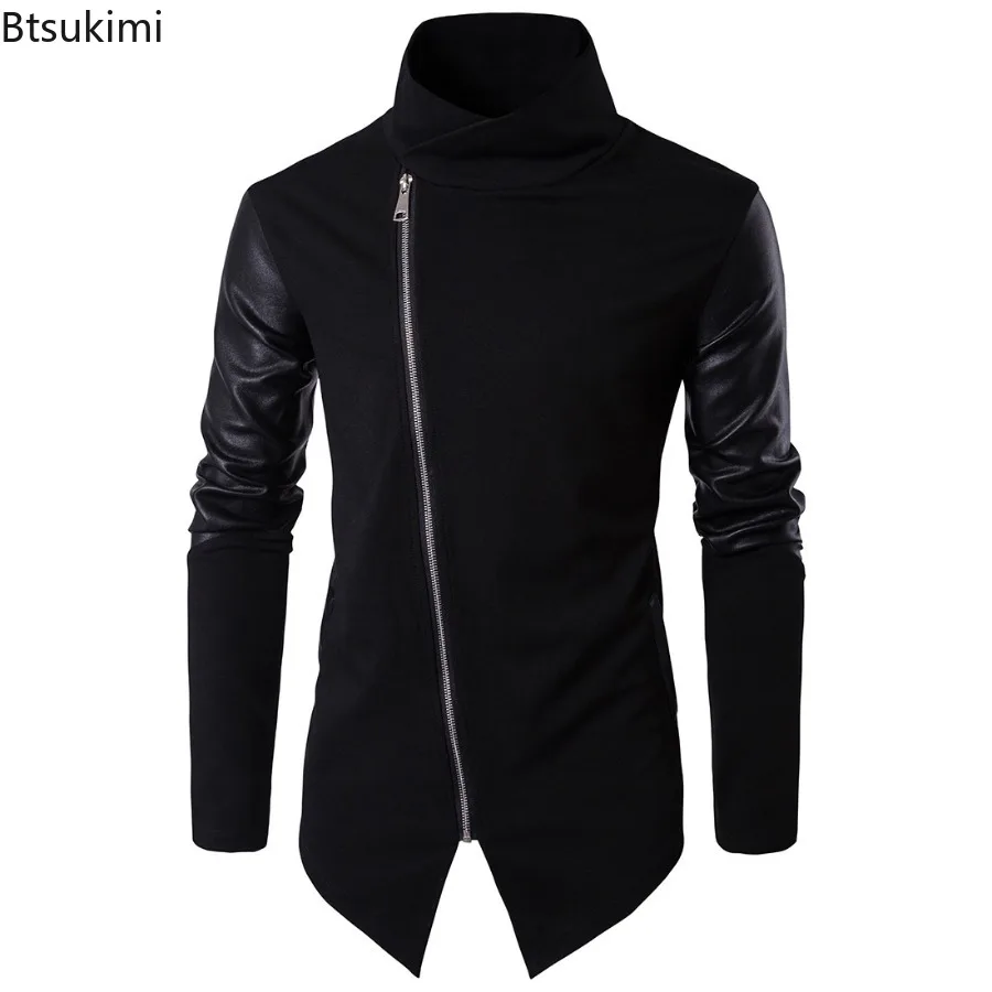 Men\'s Cotton Sweatshirts Pullovers Stand Collar Slim Knitwear Coats Trend Streetwear Faux Leather Patchwork Knitted Tops for Men