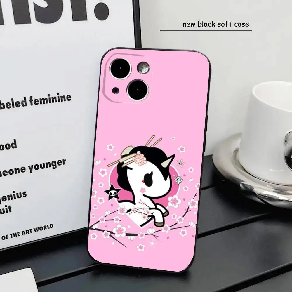 iPhone16,15,14,13,12 Mini 11 Pro XR,X,XS,MAX 7,8 Plus 실리콘 커버 소프트 블랙 용 귀여운 T-Tokidokis 유니콘 전화 케이스