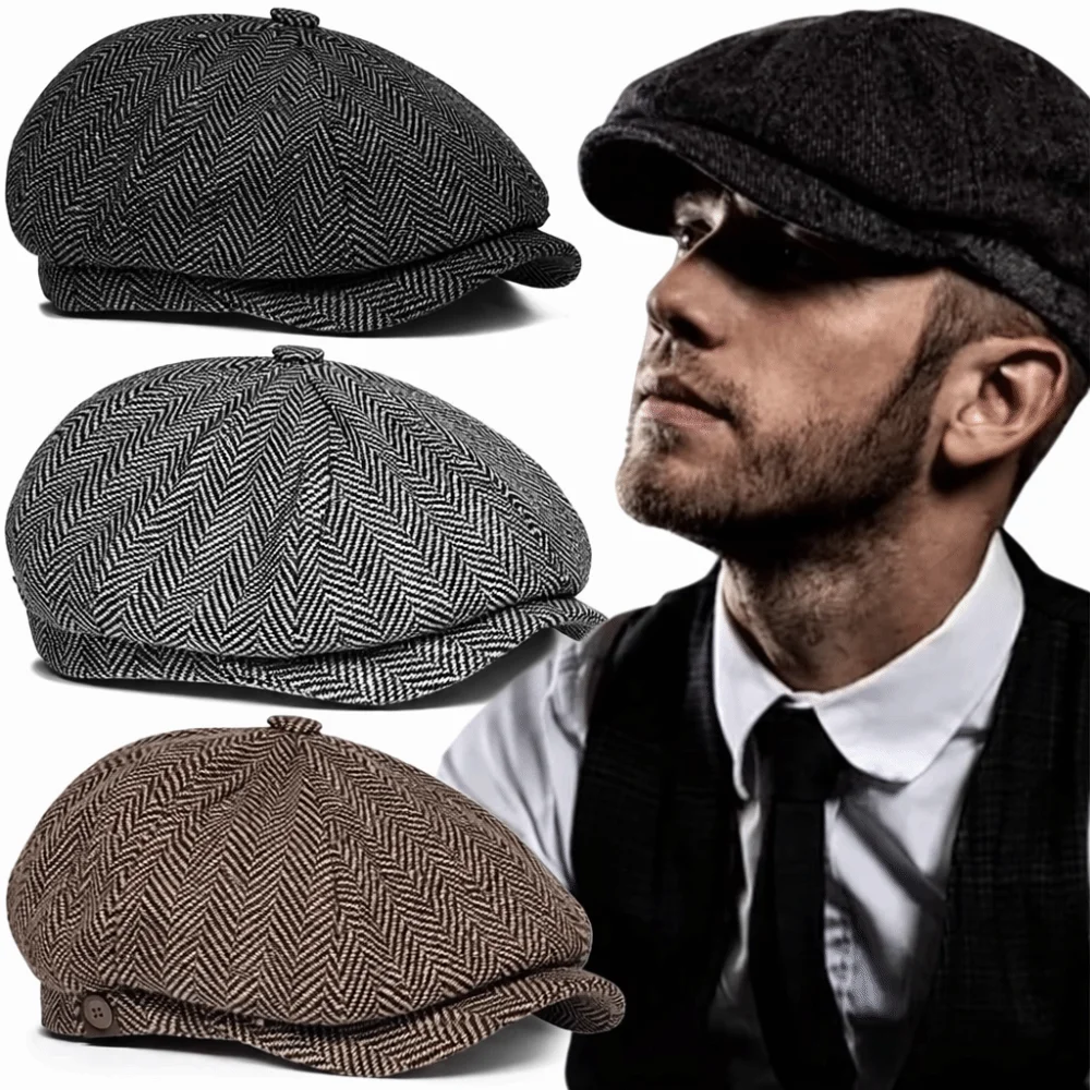 Autumn Winter Casual Men Newsboy Hat Classic Tweed Material Beret Hats Flat Design Retro Style Flat Peaked Cap Men Casual