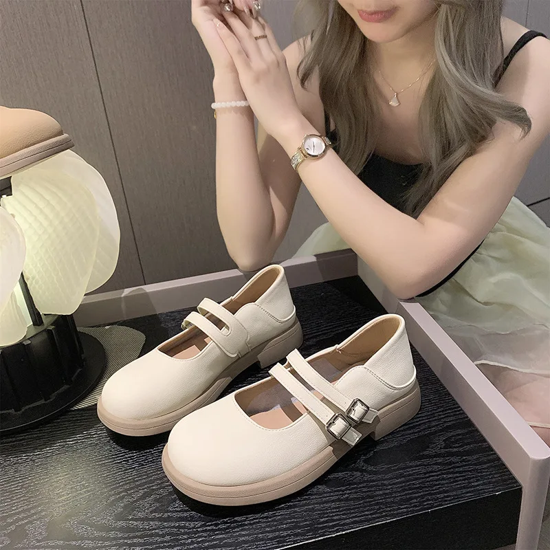 Women French  New Summer One Line with Round Toe Soft Sole Single Shoe Japanese Small Leather Shoes for Women