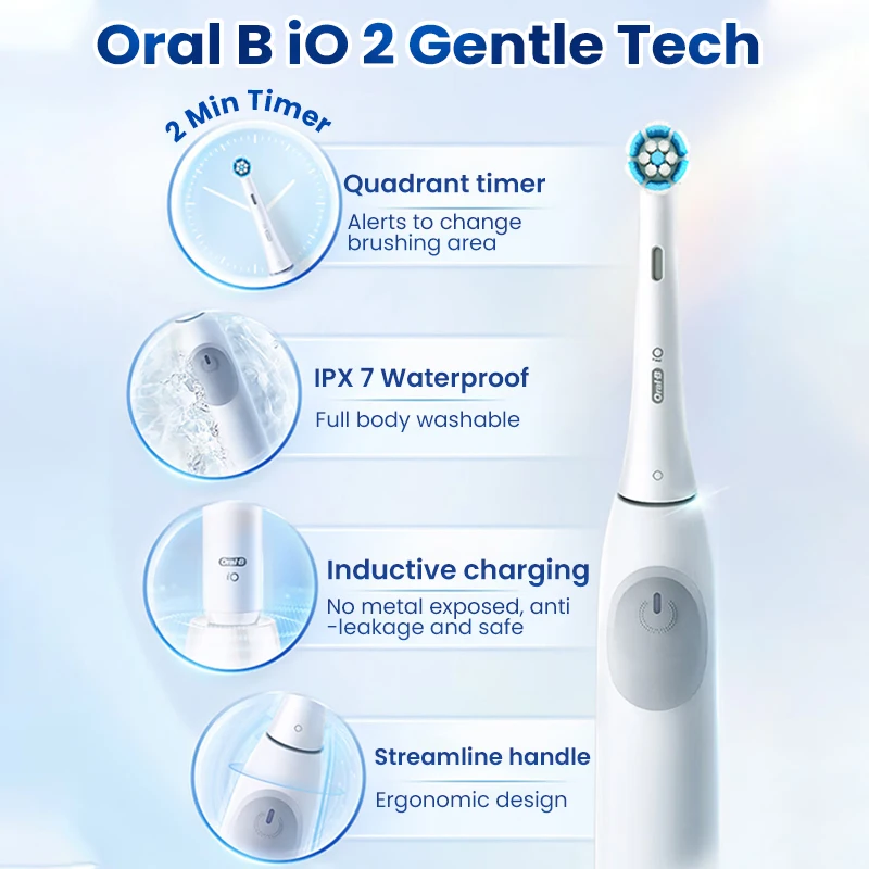 Oral B iO2 Electric Toothbrush Gentle Tech Rechargeable Toothbrush Automatic Pressure Control 3 Brushing Modes Adult Teeth Brush