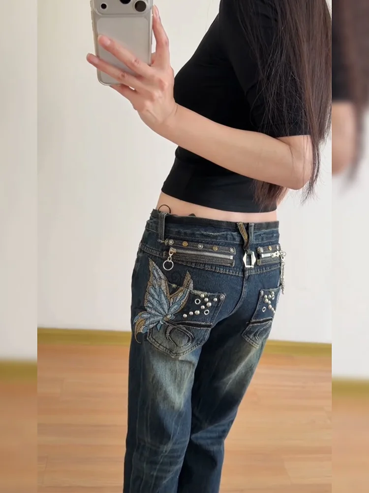 Retro American Spicy Girl  Embroidery Slim Fit Jeans Women Summer Cuffed Long Trousers Low Waist Denim Pants