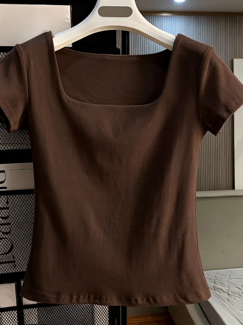 

Slim Fit Square Collar Short Sleeve T-Shirt 95 Cotton Summer New Style plus Size Women's Base Shirt Inner Wear Top