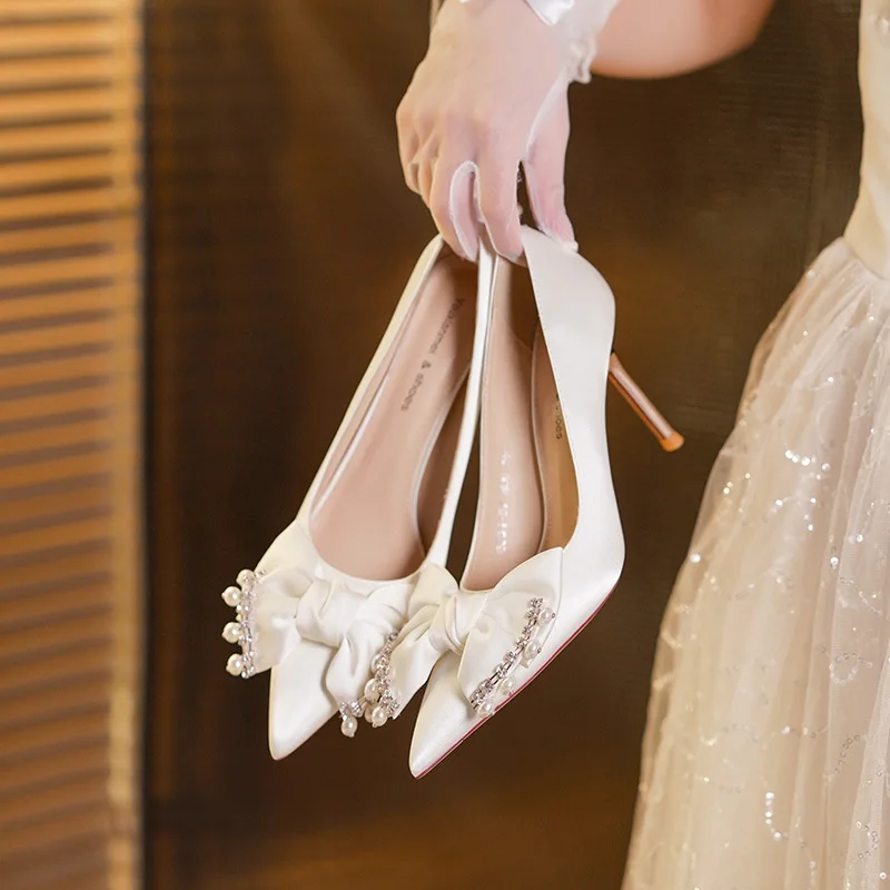 

8.5cm High-end Women's Pumps and Heels Luxury Rhinestone Bow Banquet Wedding Shoes for Women Satin Pointed Thin Heel Women Shoes