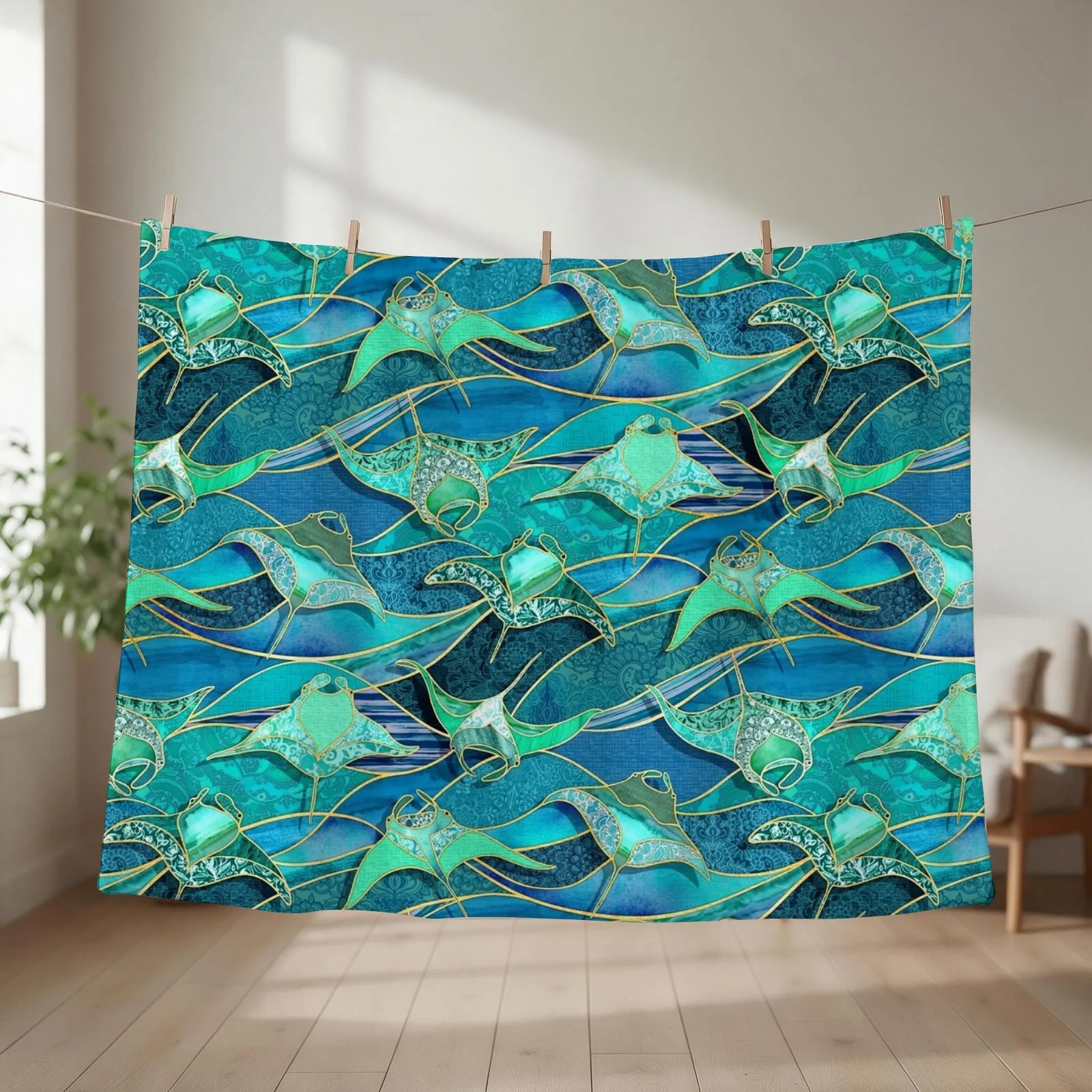 Patchwork Manta Rays in Teal Blue and Jade Green Throw Blanket couch cozy soft plush fuzzy picnic outdoor blanket