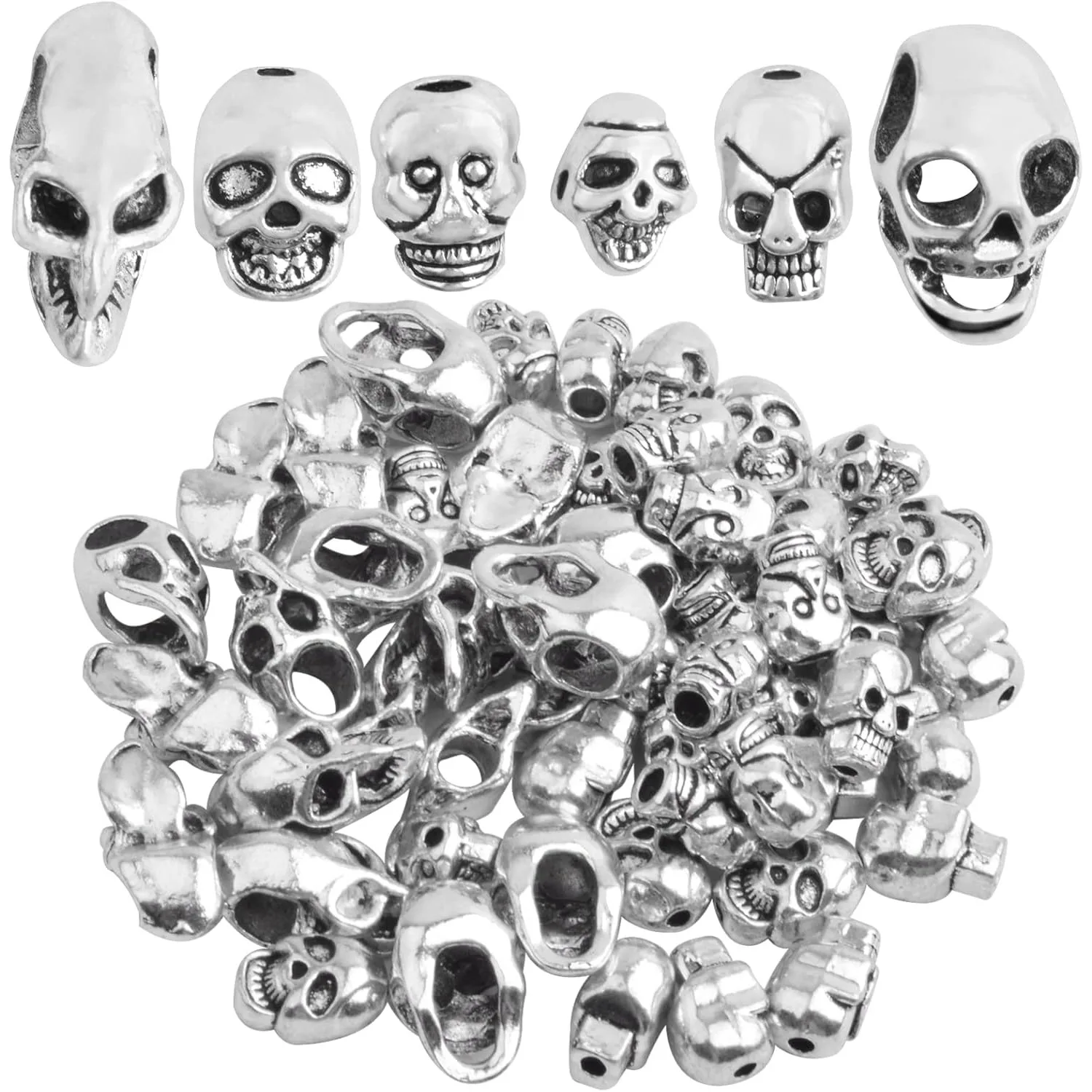 

60 шт. античные серебряные бусины с черепом, винтажные бусины из сплава со скелетом и головой черепа, свободные очаровательные бусины для браслета «сделай сам», ожерелья