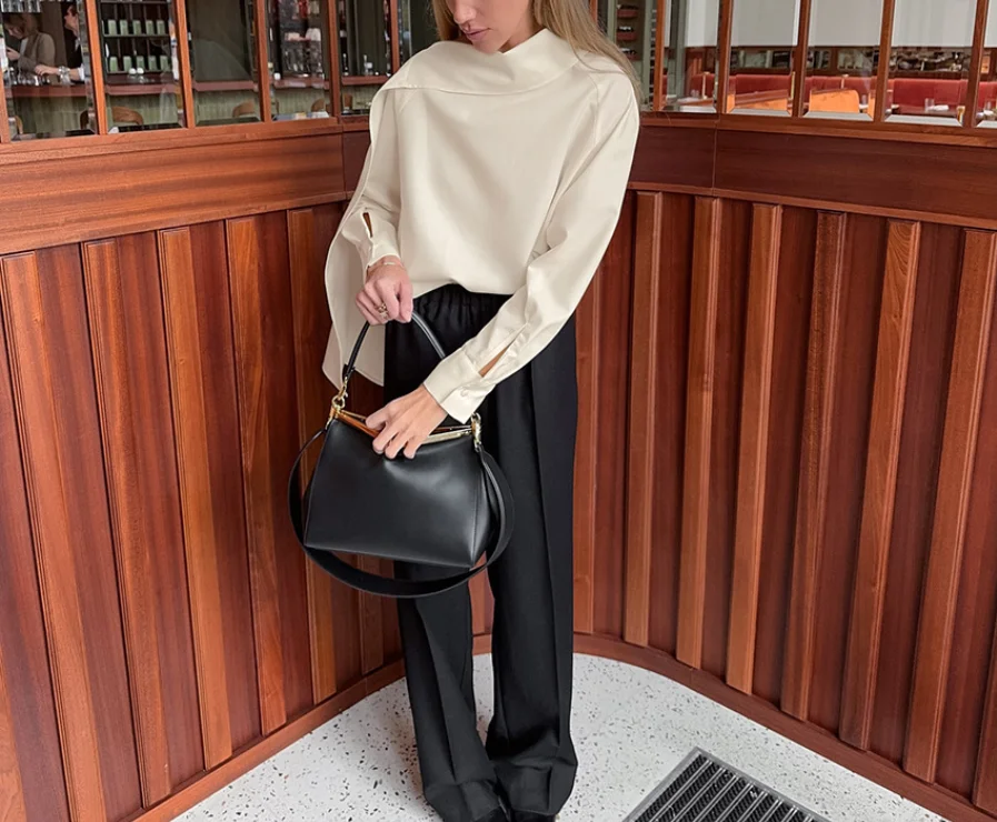 

Шелковая атласная женская рубашка, новая французская элегантная лента, однотонная приталенная рубашка с длинными рукавами, подходящая для поездок на работу