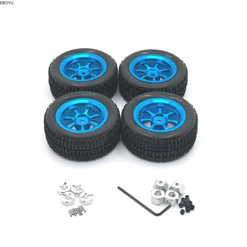 

4pcs * EBOYU Updated 76mm Rubber Tyre + Metal Wheel Rims Rubber Tires for 1/12 1/14 1/18 Wltoys RC Car 144001 A959 124019 124018