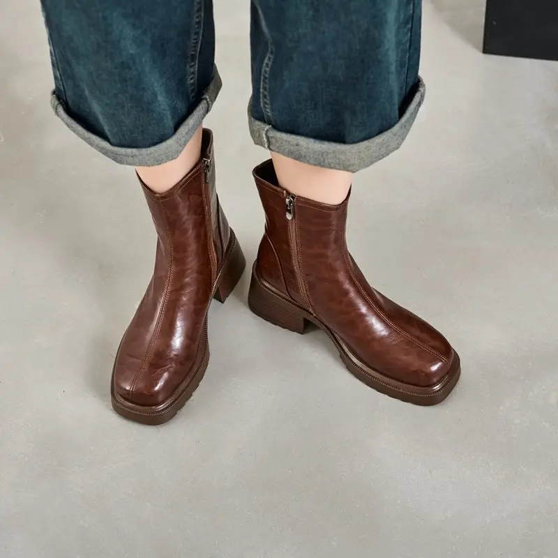 MORAZORA Size 34-41 Genuine Leather Snow Boots Women Zipper Square High Heels Nature Wool Warm Winter Boots Handmade Ankle Boots - view 4