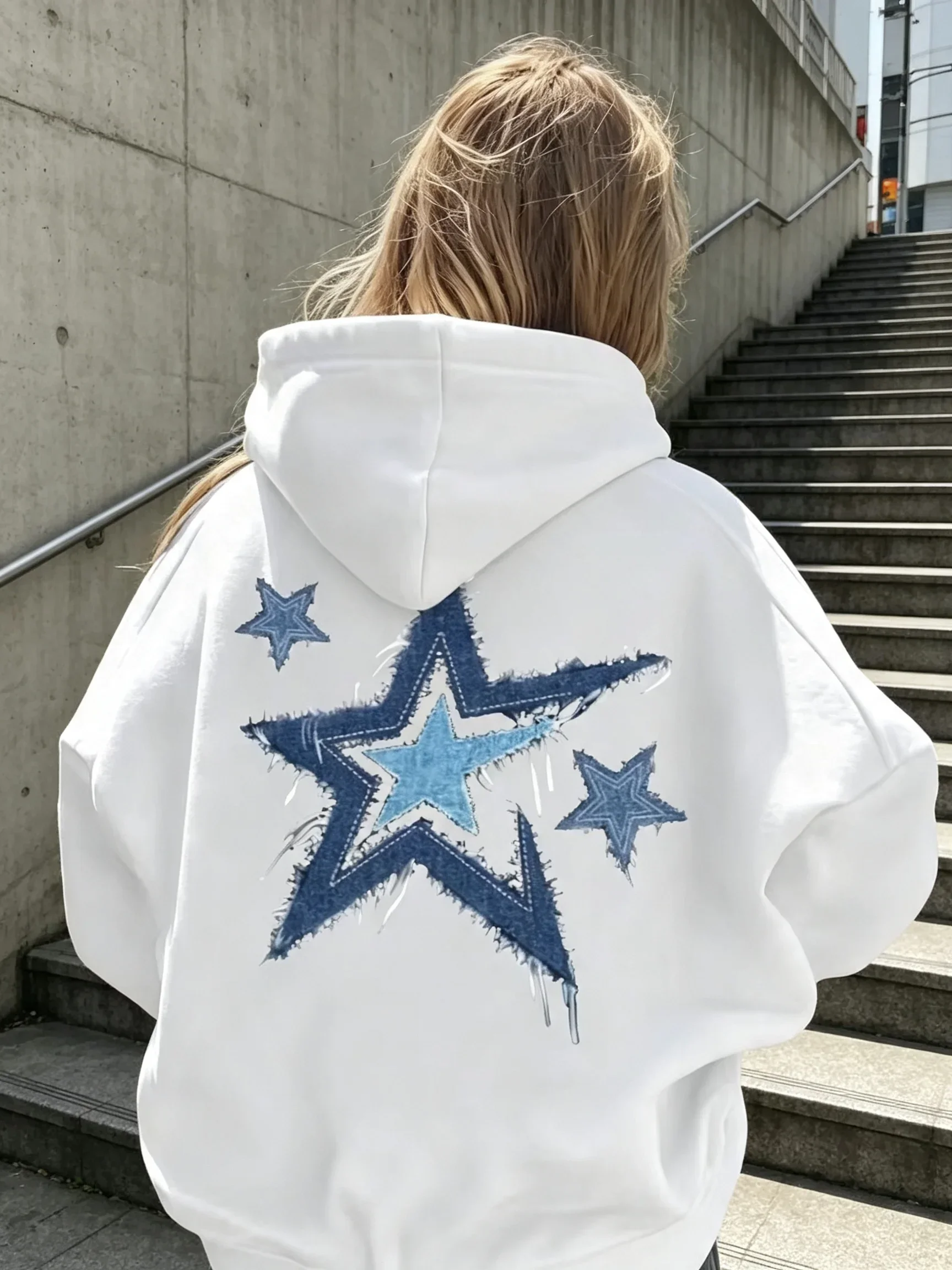 Retro-Mode Damen-Kapuzenpullover mit blauem Stern. Kapuzenpullover. Frühlings- und Herbst-Freizeitpullover mit Kapuze, Winterkleidung für Damen – Detail 8