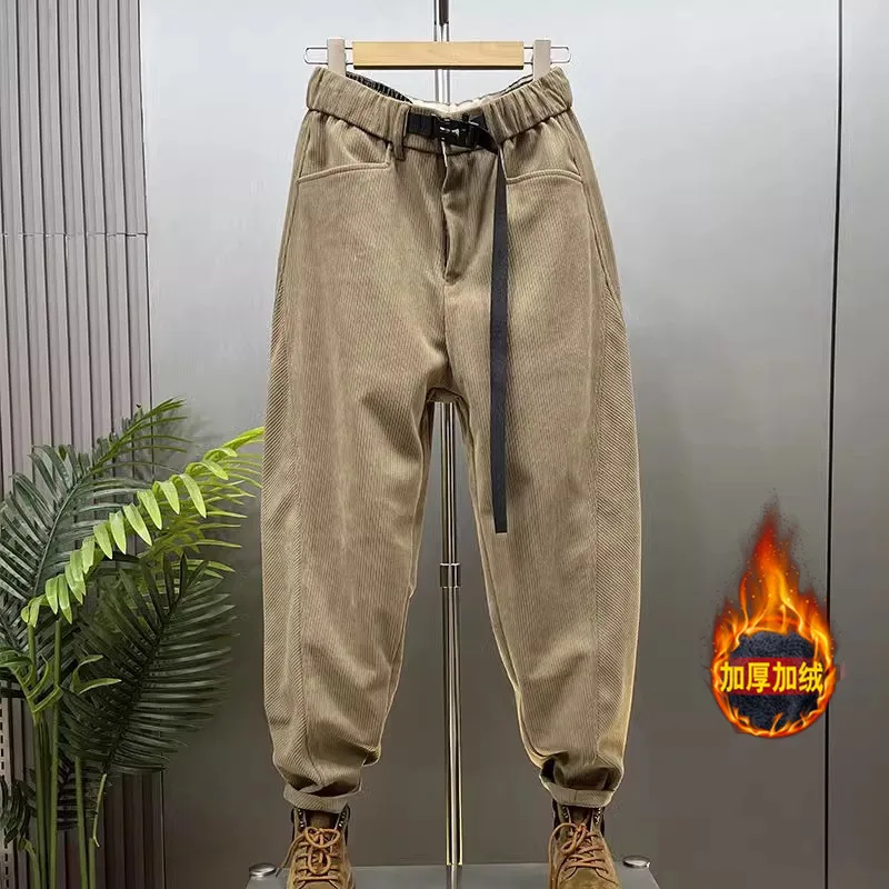 Autumn Corduroy Casual Pants Men's 2026 New Loose Belt Design Daddy Pants Winter Fleece Overalls Luxury Man Clothing Brand