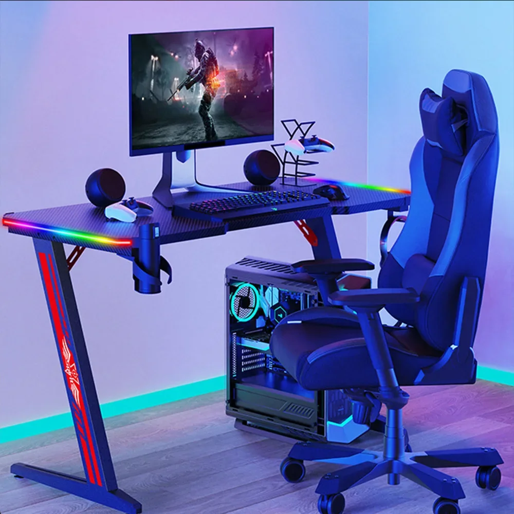Modern Multi-Color Light Show 60 inch Large Size Computer Table Z shape Gaming Desk With RGB LED Light