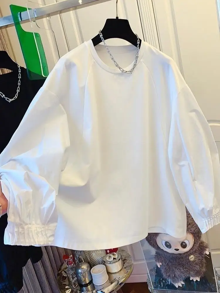 

Белый свободный хлопковый лонгслив для женщин, весенне-осенний базовый топ, свитшот с круглым вырезом, однотонный, для повседневной носки